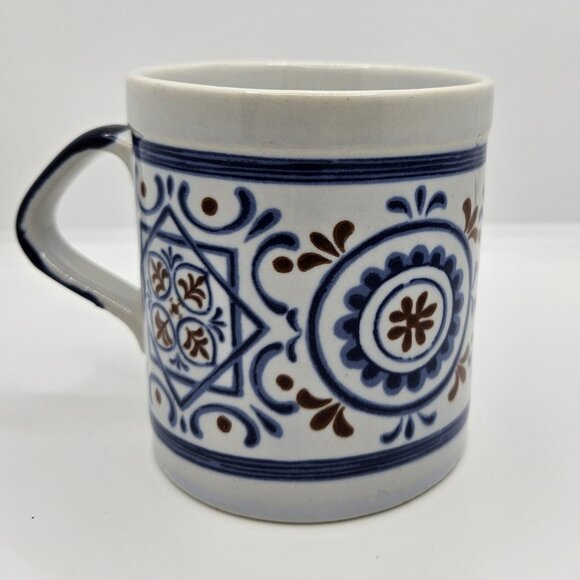 Ceramic Coffee Cup Mug Hand Painted Japan 4” tall Navy Blue Deep Red Vintage - Picture 2 of 6